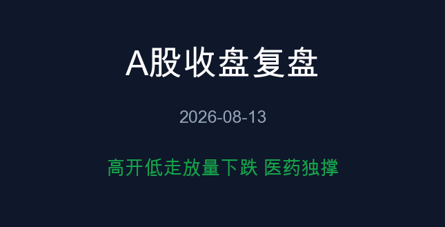 A股收盘复盘 08-13 高开低走放量下跌 医药独撑